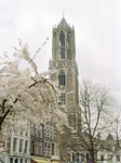 810056 Gezicht op de Domtoren te Utrecht met op de voorgrond een boom in bloesem in de Korte Minrebroederstraat.